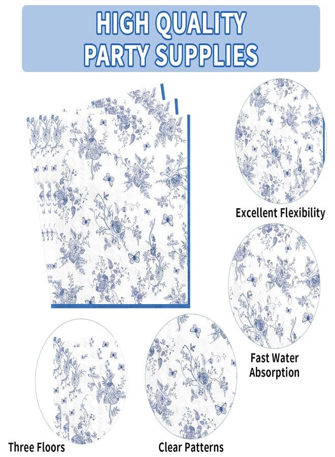 Grencian 200Pcs Blue and White Floral Party Supplies Blue Floral Paper Plates and Napkins Disposable Vintage Flower Scalloped Tableware Set for Something blue Bridal Shower Decoration Wedding Tea Party Serve50 - Image 4