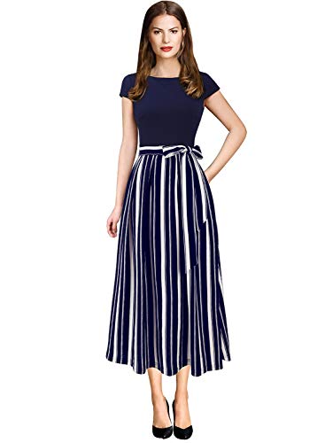 VFSHOW Womens Navy Blue and White Striped Print Patchwork Pockets Pleated Work Casual Party A-Line Midi Dress 2831 BLU L - Image 2