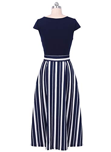 VFSHOW Womens Navy Blue and White Striped Print Patchwork Pockets Pleated Work Casual Party A-Line Midi Dress 2831 BLU L - Image 5