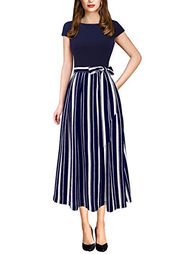 VFSHOW Womens Navy Blue and White Striped Print Patchwork Pockets Pleated Work Casual Party A-Line Midi Dress 2831 BLU L - Image 1