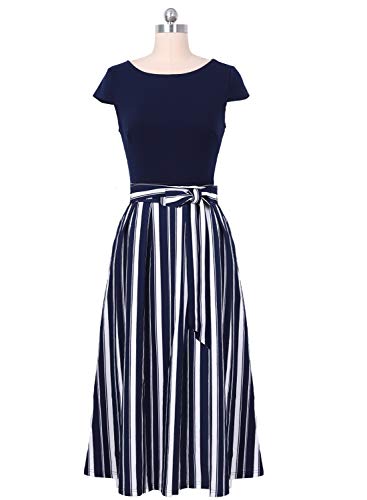 VFSHOW Womens Navy Blue and White Striped Print Patchwork Pockets Pleated Work Casual Party A-Line Midi Dress 2831 BLU L - Image 4