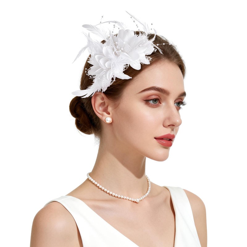 Revkokmx Womens Fascinators Hats Tea Party Hats for Women, Feather Pearl Headband for Wedding Cocktail Dresses Accessories White Hat - Image 1