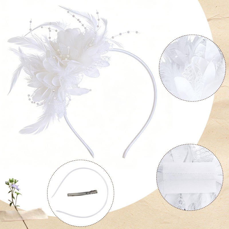 Revkokmx Womens Fascinators Hats Tea Party Hats for Women, Feather Pearl Headband for Wedding Cocktail Dresses Accessories White Hat - Image 3