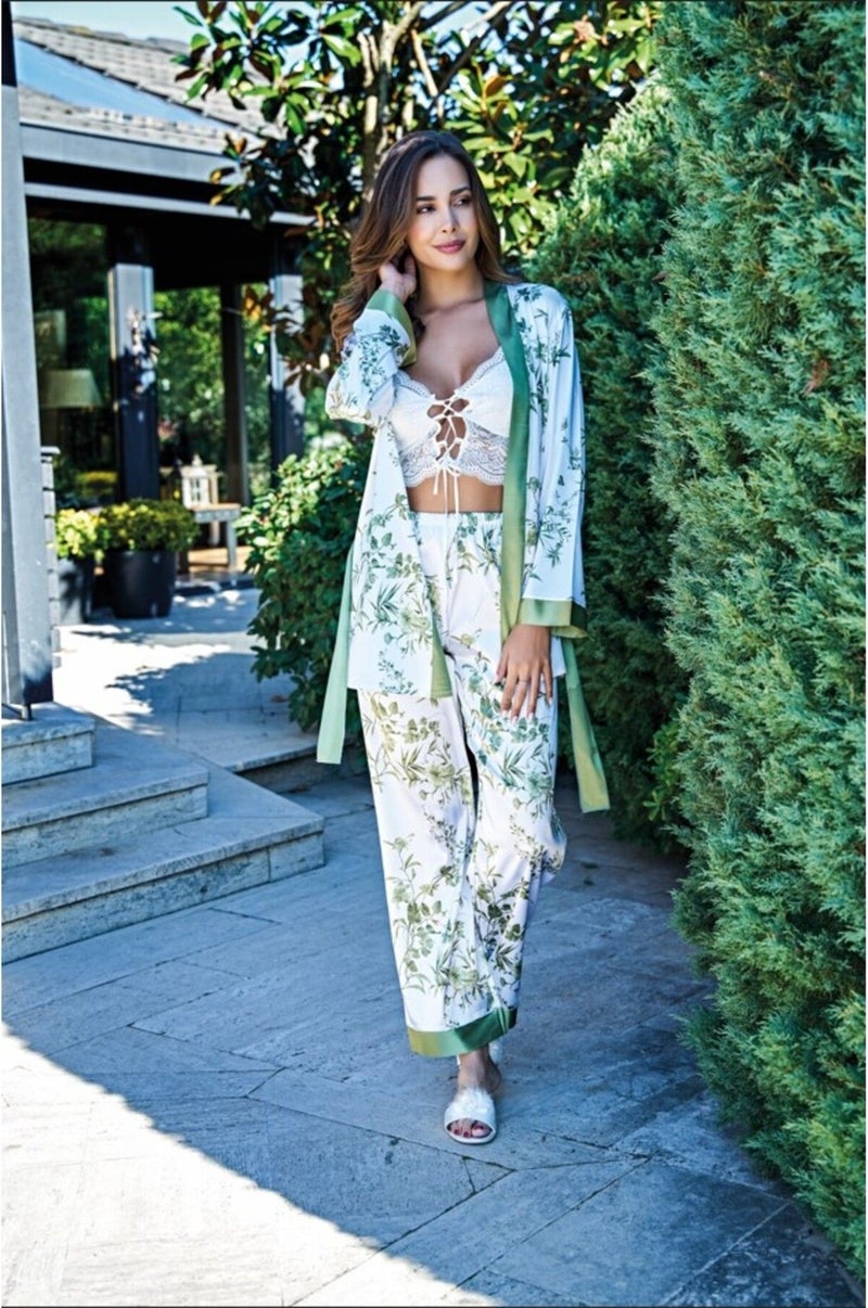 Qvien Secret A+ Quality 4 Piece Green Floral Patterned Satin Long Sleeve Belt Bustier Dowry Nightgown Dressing Gown - 2016 - Image 1