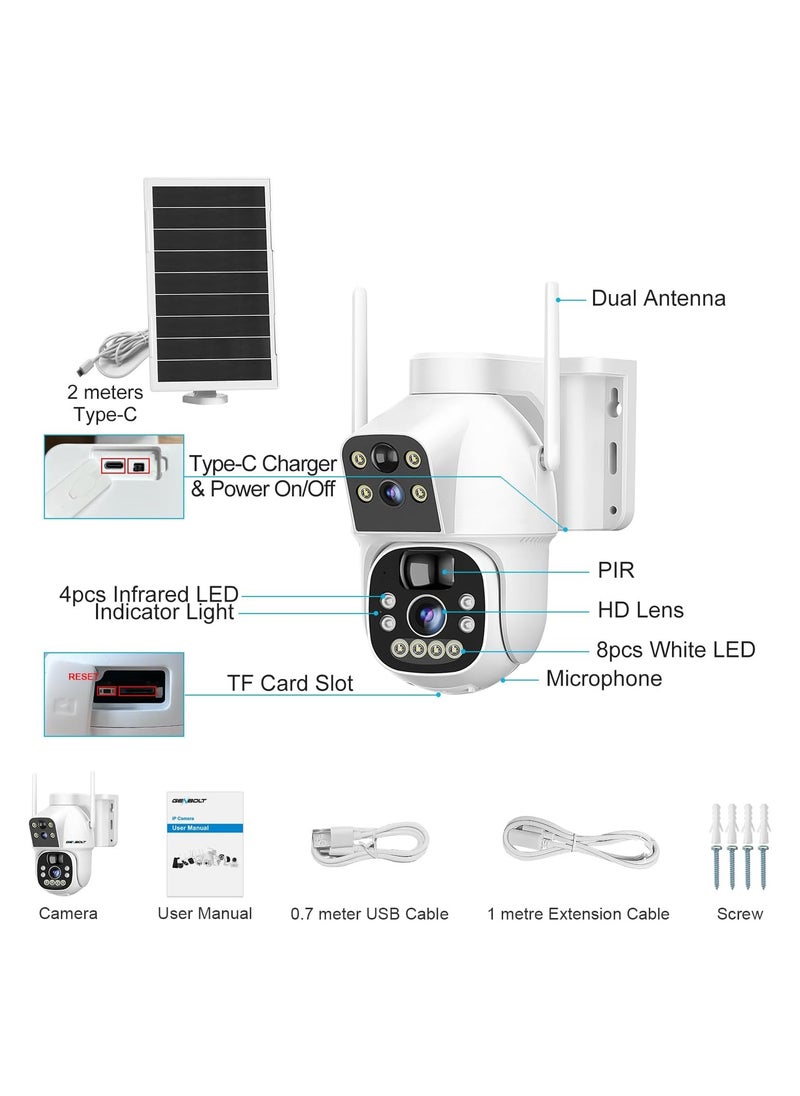 Solar WiFi Security Camera Outdoor Wireless, 8W Battery Powered with Dual View, Dual lens with Color Night, PIR Detection