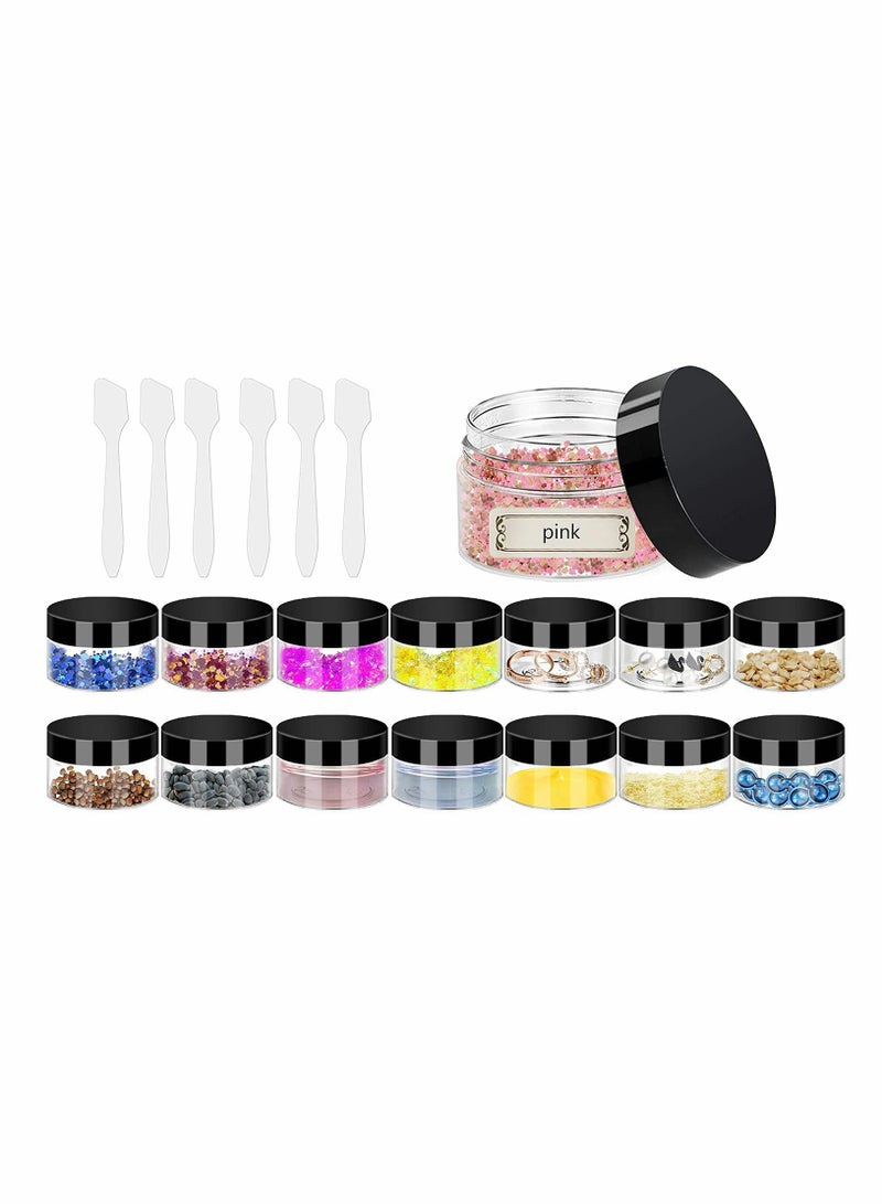 Plastic Makeup Cosmetic Jars, 12pcs 15ml Column Refillable Travel Empty Clear Sample Container Pots Bottles with Black Screw-on Lids and 6pcs Mini Spatulas for Creams/Powder/Make Up Cosmetic - Image 1