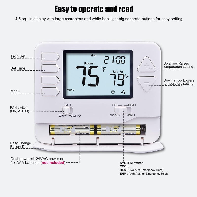 Heagstat H721 Non-Programmable Heat Pump Thermostat, 2 Heat/1 Cool, with 4.5 sq. Inch Display - Image 4