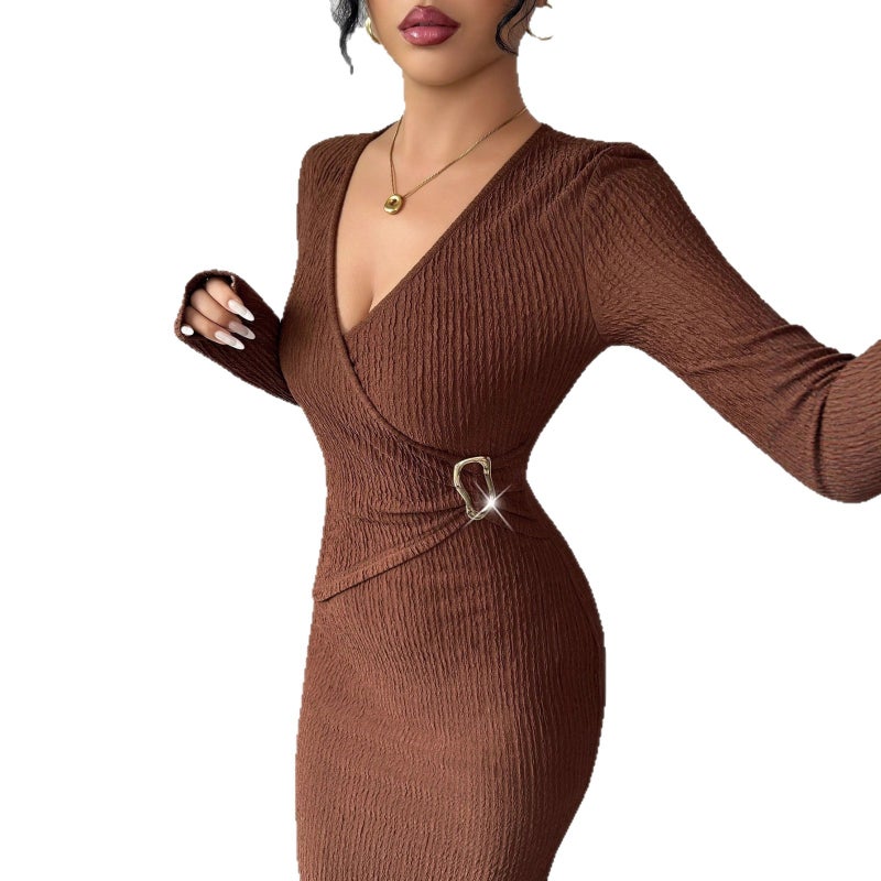 Women's Knit Bodycon Dress V-Neck Long Sleeve Solid Brown - Image 5