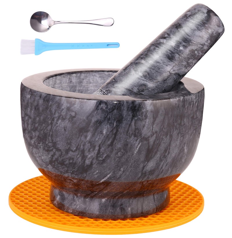 SIPARUI Mortar and Pestle Set, Guacamole Bowl Polished Natural Marble Stone, Grinder and Crusher, with Silicone Mat & Spoon - 300ml(Medium, Dark Gray) - Image 1