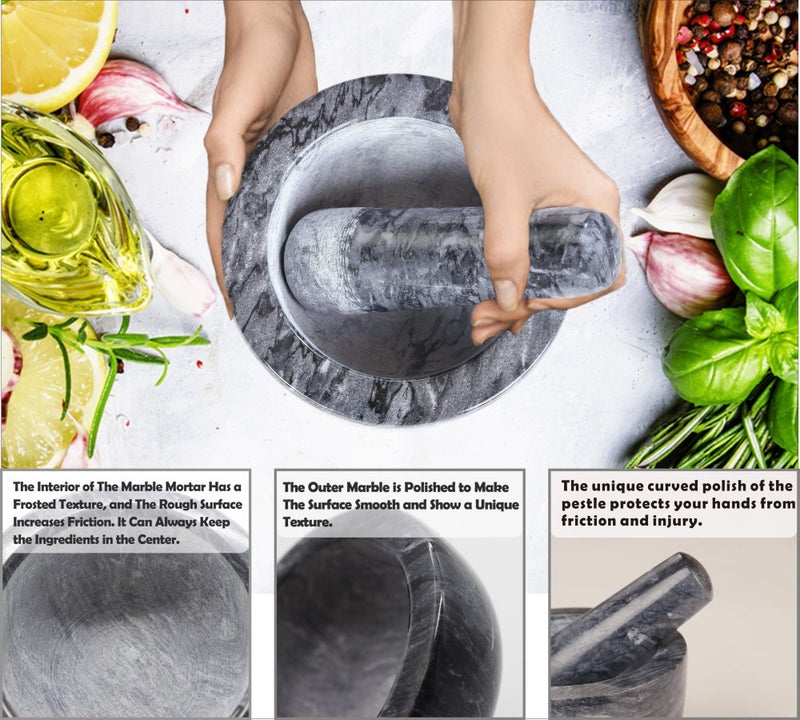 SIPARUI Mortar and Pestle Set, Guacamole Bowl Polished Natural Marble Stone, Grinder and Crusher, with Silicone Mat & Spoon - 300ml(Medium, Dark Gray) - Image 4