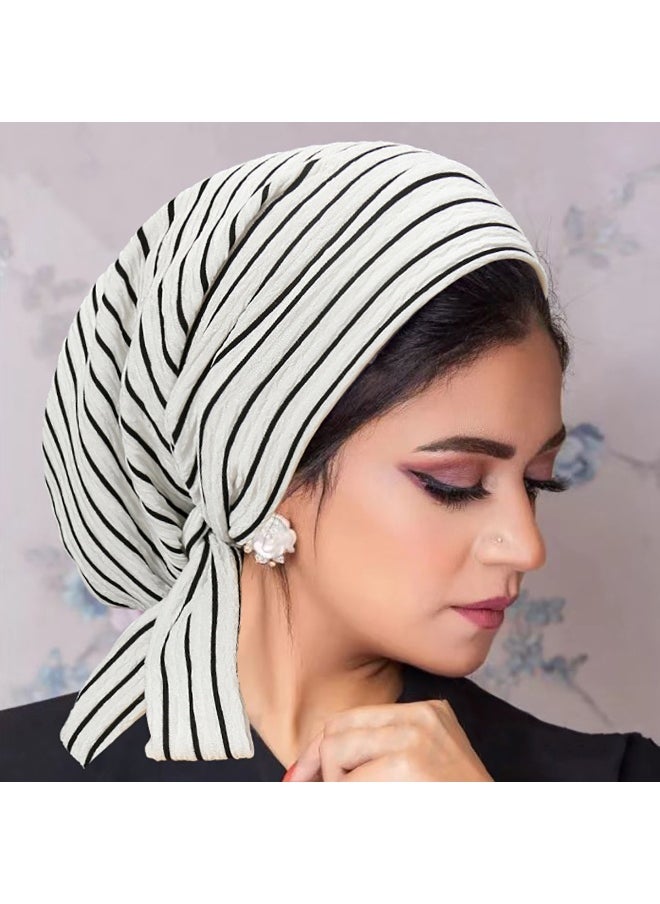 Laravel Striped Muslim long-tail elegant fashion Muslim Elastic turban hat chemotherapy hat Islamic Arab Hijab Undercap Elastic Headscarf Hat Ramadan Gift Holiday Gift Box - White Striped  - Image 1