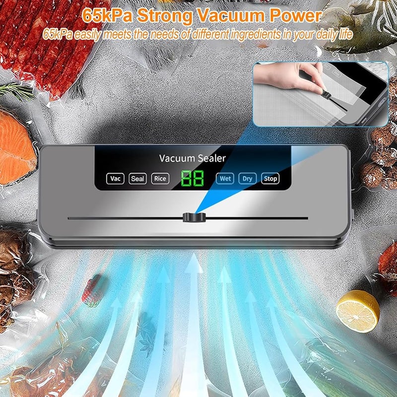 AMINAC Vacuum Sealer Machine, 6-in-1 Food Sealer for Freshness Storage, One-Touch Automatic Food Vacuum Packer With Starter Kits Built-in Cutter, Dry/Wet Modes Ideal for Food Preservation Storage - Image 5