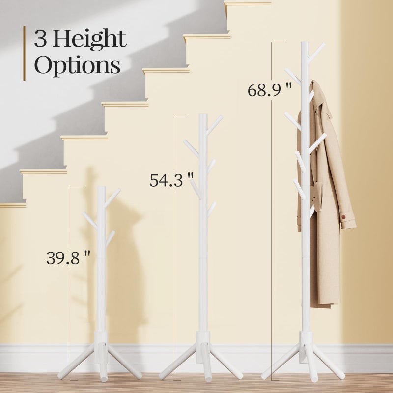 Pipishell Sturdy Wooden Coat Stand, 3 Adjustable Sizes Coat Tree with 8 Hooks, Coat Stands for Hallway Entryway, Hat Stand for Clothes, Used in Bedroom/Office/Hallway/Entryway, White - Image 2