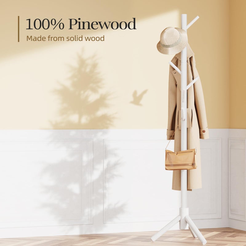 Pipishell Sturdy Wooden Coat Stand, 3 Adjustable Sizes Coat Tree with 8 Hooks, Coat Stands for Hallway Entryway, Hat Stand for Clothes, Used in Bedroom/Office/Hallway/Entryway, White - Image 3