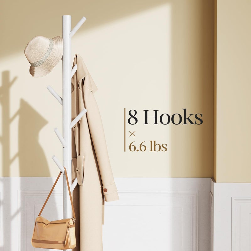 Pipishell Sturdy Wooden Coat Stand, 3 Adjustable Sizes Coat Tree with 8 Hooks, Coat Stands for Hallway Entryway, Hat Stand for Clothes, Used in Bedroom/Office/Hallway/Entryway, White - Image 1