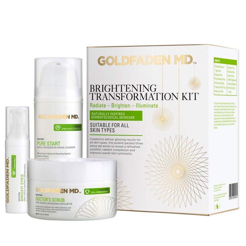 GOLDFADEN MD Brightening Transformation Kit | Advanced Skin Care Regime For Face | Includes Doctors Scrub Microdermabrasion Exfoliator, Pure Start Cleanser & Bright Eyes Eye Cream | 3 Pc Set - Image 1