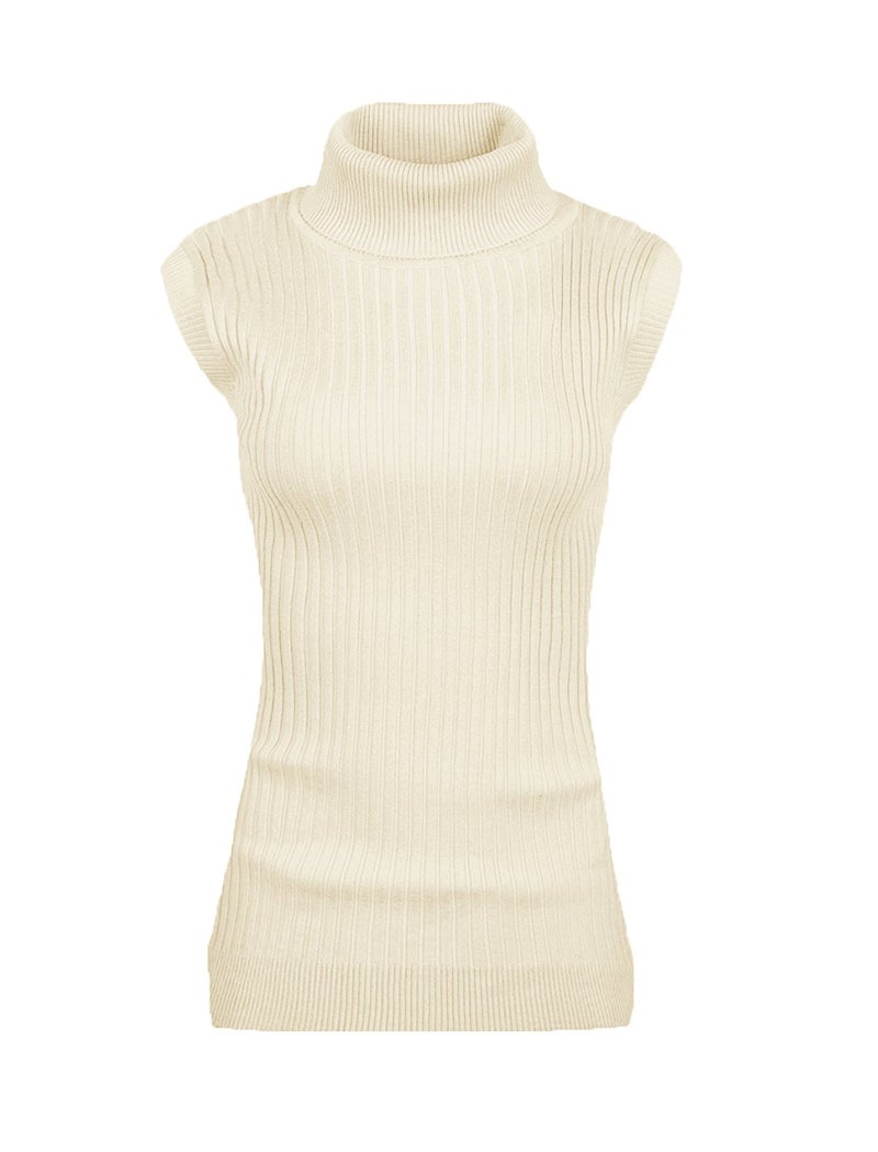 v28 Women Sleeveless High Neck Turtleneck Stretchable Knit Sweater Top (L, Beige) - Image 1