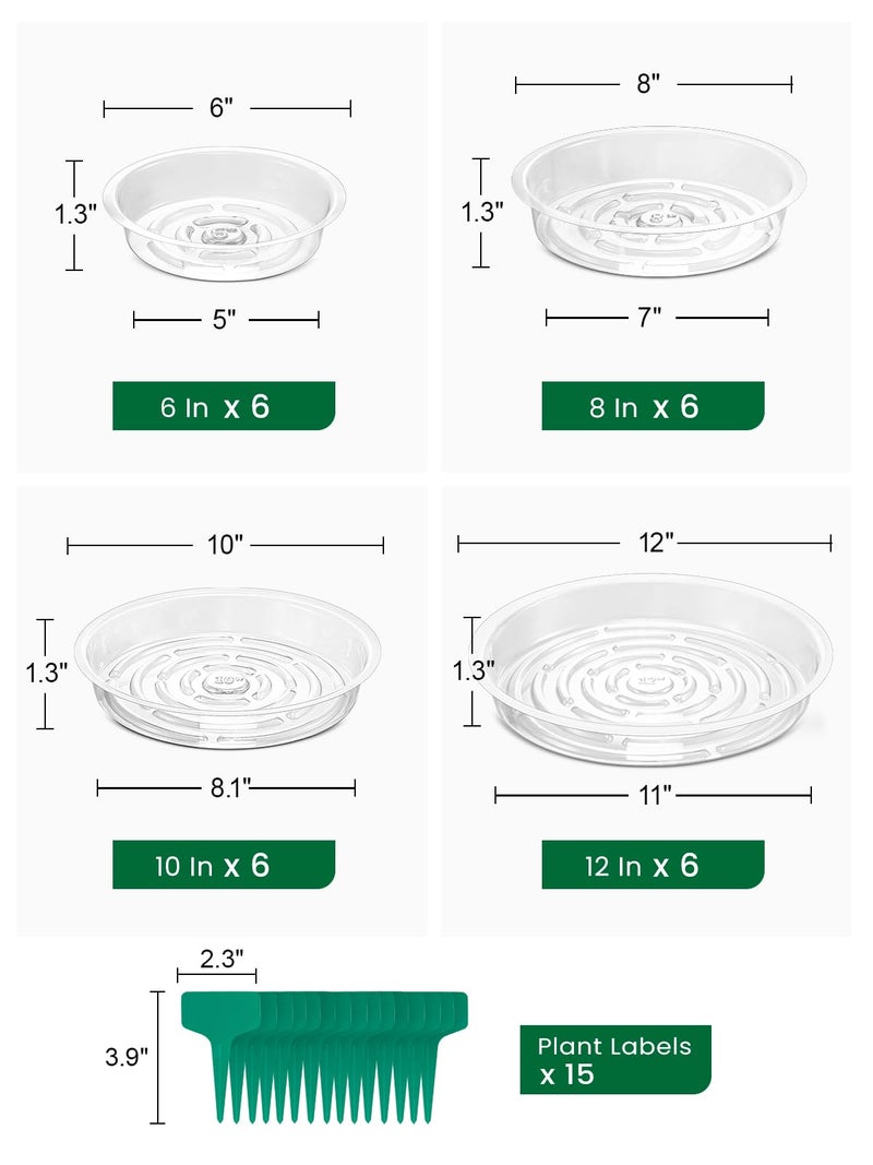 GROWNEER 24 Pack of 6, 8, 10, 12 Inches Clear Plant Saucers Flower Pot Trays, with 15 Pcs Plant Labels, Plastic Plant Drip Trays for Indoor Outdoor Plants Garden, Assorted 4 Sizes, 6pcs of Each Size - Image 2