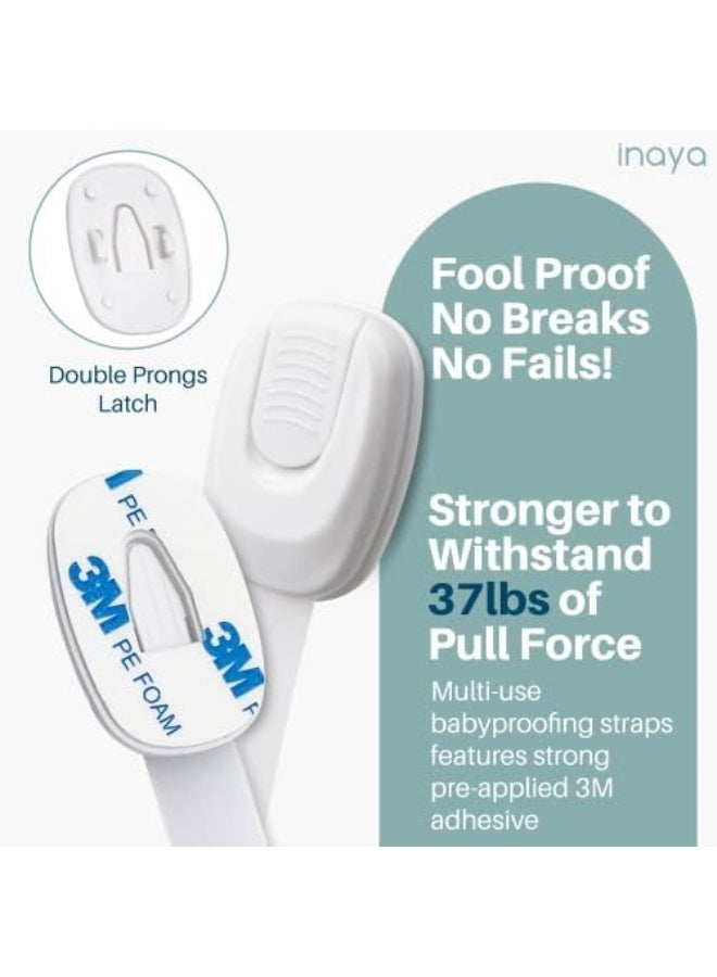 INAYA 5-Pack Child Proof Cabinet Latches for Drawers, Cupboards, Fridge Toilet Seat, Dishwashers, Trash Can, Up to 37lb Pull Force - Adjustable Length, 3M Adhesive, No Drilling Child Safety Locks, White - Image 4