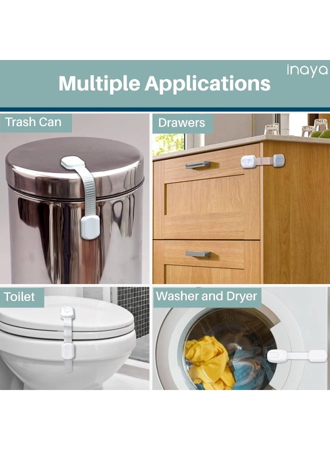 INAYA 5-Pack Child Proof Cabinet Latches for Drawers, Cupboards, Fridge Toilet Seat, Dishwashers, Trash Can, Up to 37lb Pull Force - Adjustable Length, 3M Adhesive, No Drilling Child Safety Locks, White - Image 3