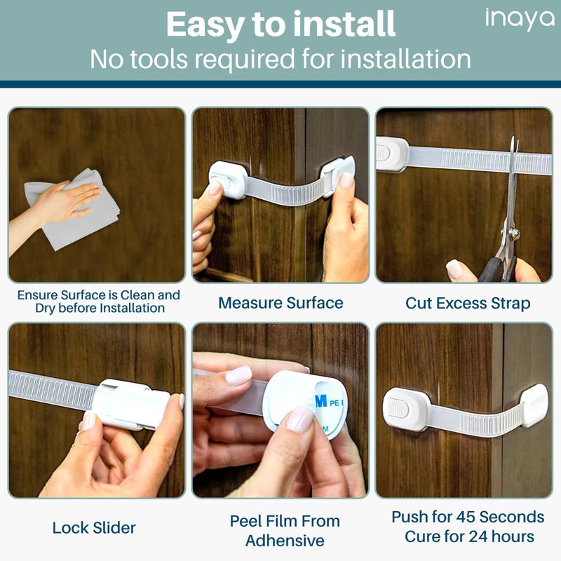 INAYA 5-Pack Child Proof Cabinet Latches for Drawers, Cupboards, Fridge Toilet Seat, Dishwashers, Trash Can, Up to 37lb Pull Force - Adjustable Length, 3M Adhesive, No Drilling Child Safety Locks, White - Image 2