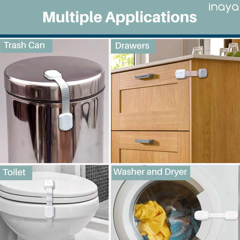 INAYA 5-Pack Child Proof Cabinet Latches for Drawers, Cupboards, Fridge Toilet Seat, Dishwashers, Trash Can, Up to 37lb Pull Force - Adjustable Length, 3M Adhesive, No Drilling Child Safety Locks, White - Image 1