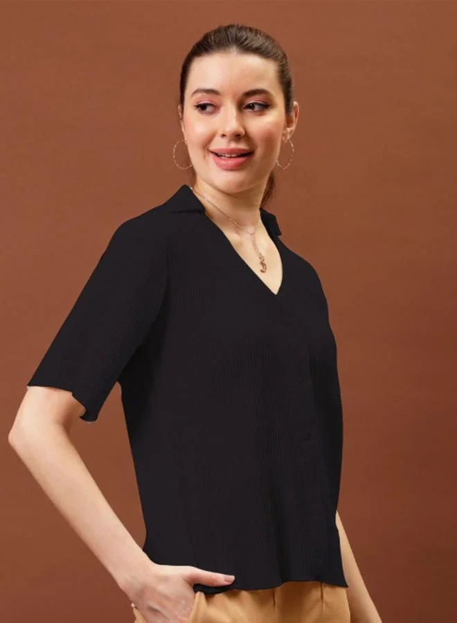 Athena Black Ribbed Knit Top with Open Collar