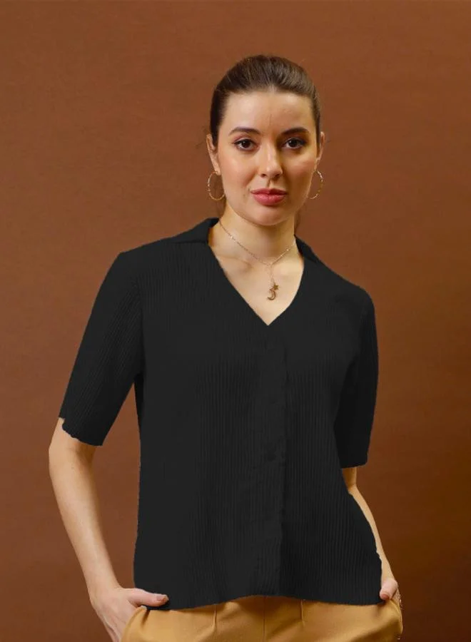 Athena Black Ribbed Knit Top with Open Collar