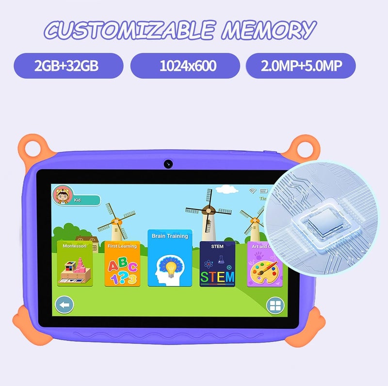 ZEKAROUL 7 inch Kids Tablet, Quad Core Android 12 2GB 32GB, Parental Control, Eye Protection, Shockproof Case, Dual Camera, WiFi, Bluetooth, Learning Tablet for Kids - Monkey (Purple) - Image 4