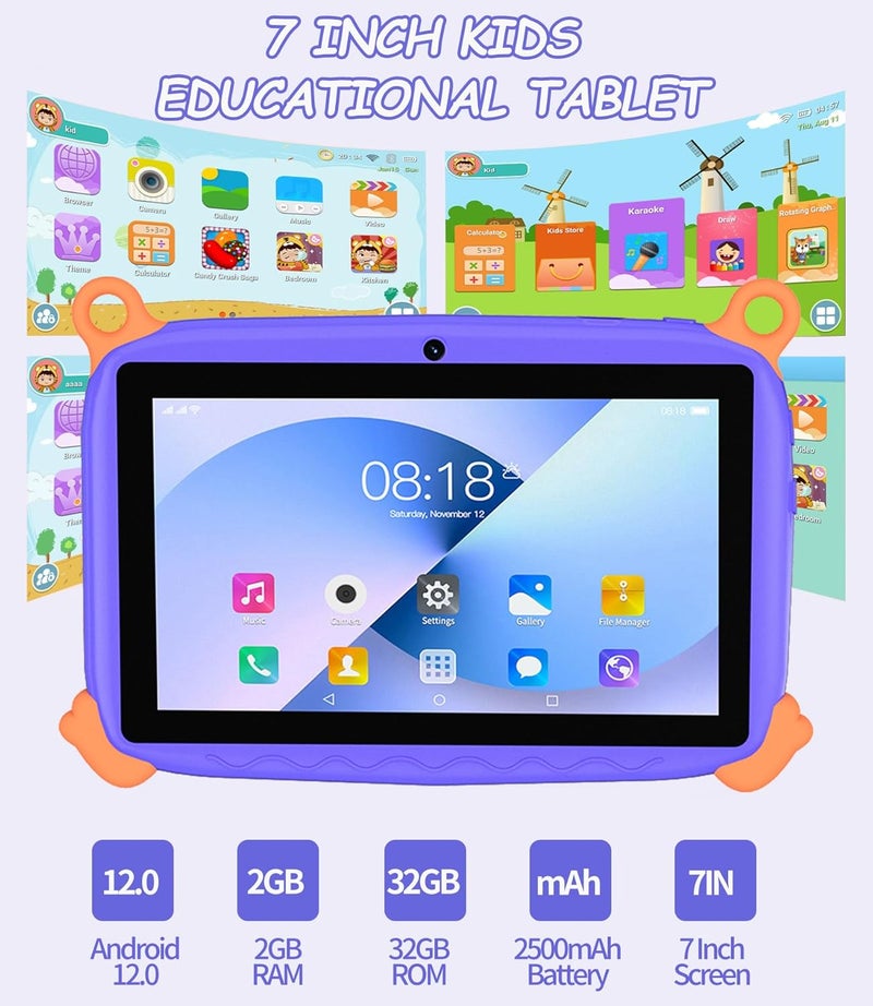 ZEKAROUL 7 inch Kids Tablet, Quad Core Android 12 2GB 32GB, Parental Control, Eye Protection, Shockproof Case, Dual Camera, WiFi, Bluetooth, Learning Tablet for Kids - Monkey (Purple) - Image 3