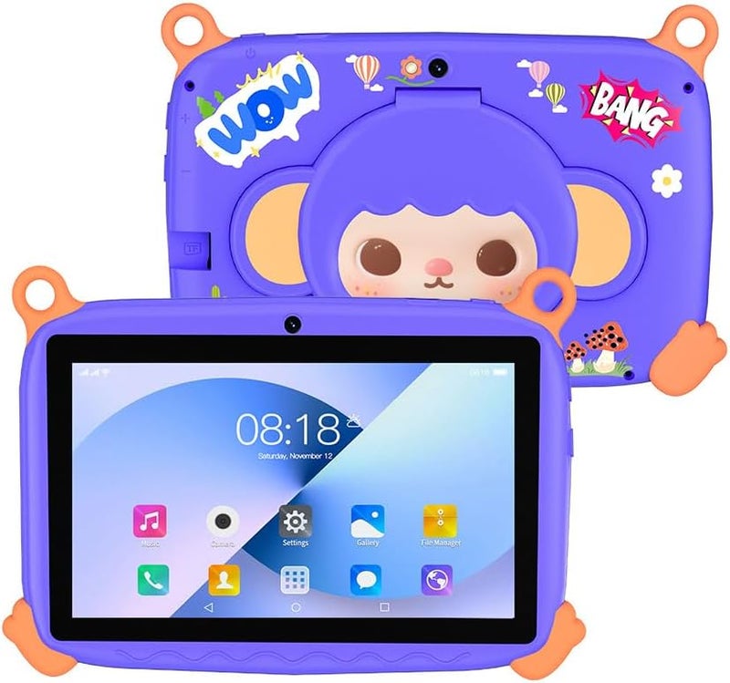 ZEKAROUL 7 inch Kids Tablet, Quad Core Android 12 2GB 32GB, Parental Control, Eye Protection, Shockproof Case, Dual Camera, WiFi, Bluetooth, Learning Tablet for Kids - Monkey (Purple) - Image 1
