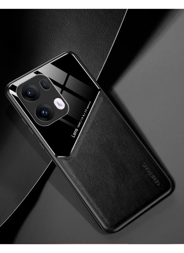 Generic Case Compatible With Oppo Reno 13 Pro 5G Cover Luxury Leather And Glass With Car Magnetic Holder Phone Cover Soft Frame Silicone - Black  - Image 1