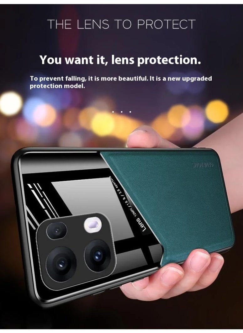 Generic Case Compatible With Oppo Reno 13 Pro 5G Cover Luxury Leather And Glass With Car Magnetic Holder Phone Cover Soft Frame Silicone - Black  - Image 4