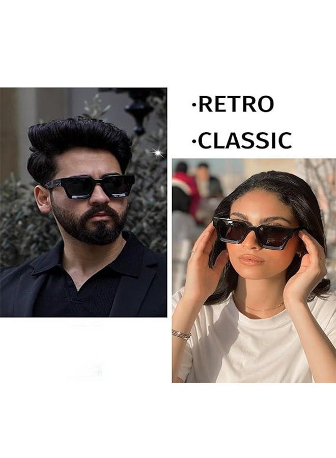 Retro Square Sunglasses for Men Women Trendy Thick Rectangle Chunky Frame Black Shades Fashion 90s Glasses(Black+White) - Image 2