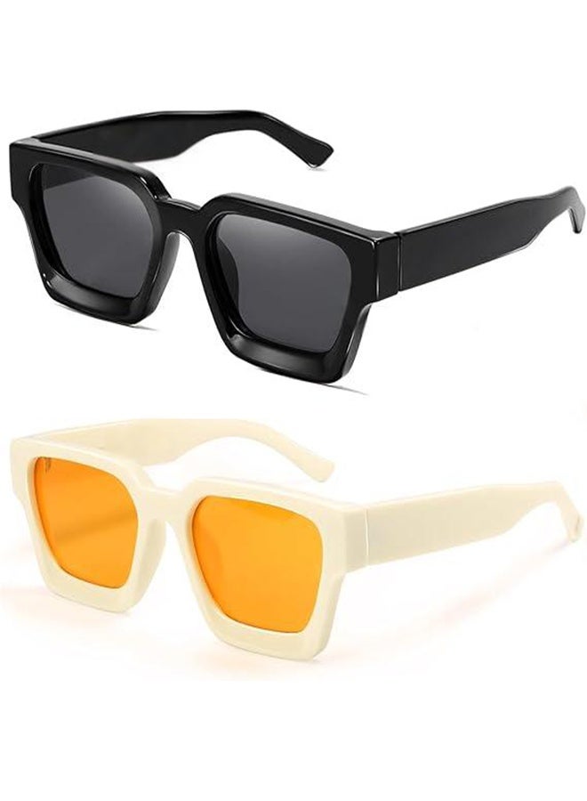 Retro Square Sunglasses for Men Women Trendy Thick Rectangle Chunky Frame Black Shades Fashion 90s Glasses(Black+White) - Image 1
