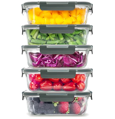 Zulay Kitchen 5 Pack Glass Meal Prep Containers with Lids - Airtight, Premium Borosilicate Glass Food Storage Containers - Microwave, Freezer & Oven Safe, BPA Free - Gray - Image 1