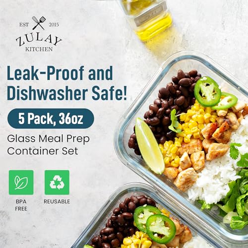 Zulay Kitchen 5 Pack Glass Meal Prep Containers with Lids - Airtight, Premium Borosilicate Glass Food Storage Containers - Microwave, Freezer & Oven Safe, BPA Free - Gray - Image 2