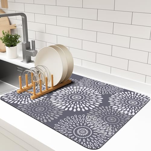 LuxStep Dish Drying Mat Super Absorbent Kitchen Counter Mat Rubber Backing Draining Mat Easy to Clean Kitchen Accessories Dish Rack Pad for Dishes, Utensils, Countertops, Sinks 15" x 18" Grey - Image 1