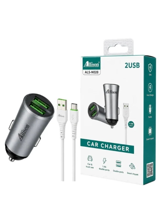 ALLISON ASL-N028 CAR CHARGER 2 USB + TYPE C CABLE 1Meter - Image 1