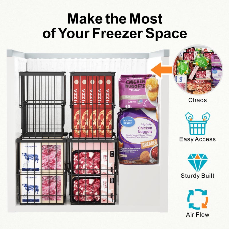 iSPECLE Freezer Organizer Bins, 2 Pack Fits 12" Pizza Adjustable for 5 to 7 Cu.Ft Chest Freezer, Stackable Wire Baskets with Handles, Heavy Duty Storage for Bulk Meat & Frozen Food, Black - Image 4