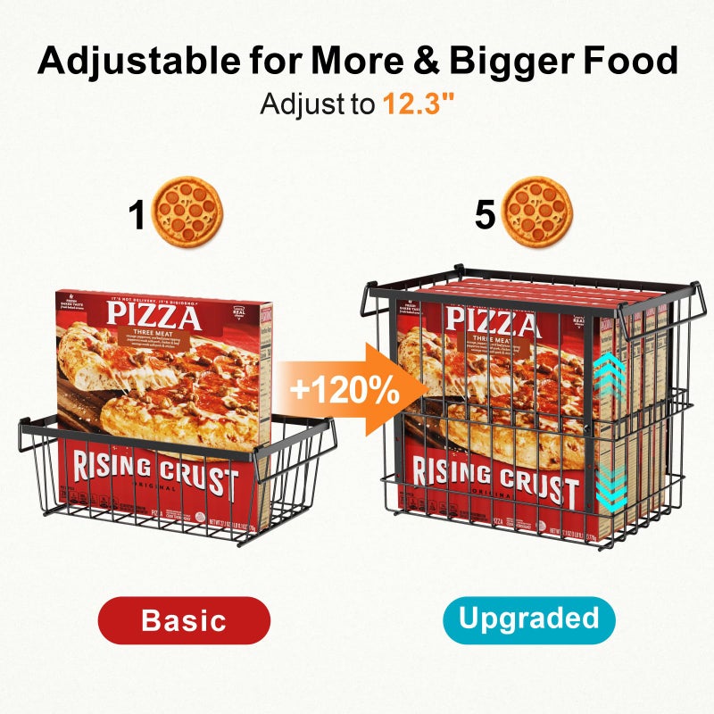 iSPECLE Freezer Organizer Bins, 2 Pack Fits 12" Pizza Adjustable for 5 to 7 Cu.Ft Chest Freezer, Stackable Wire Baskets with Handles, Heavy Duty Storage for Bulk Meat & Frozen Food, Black - Image 3