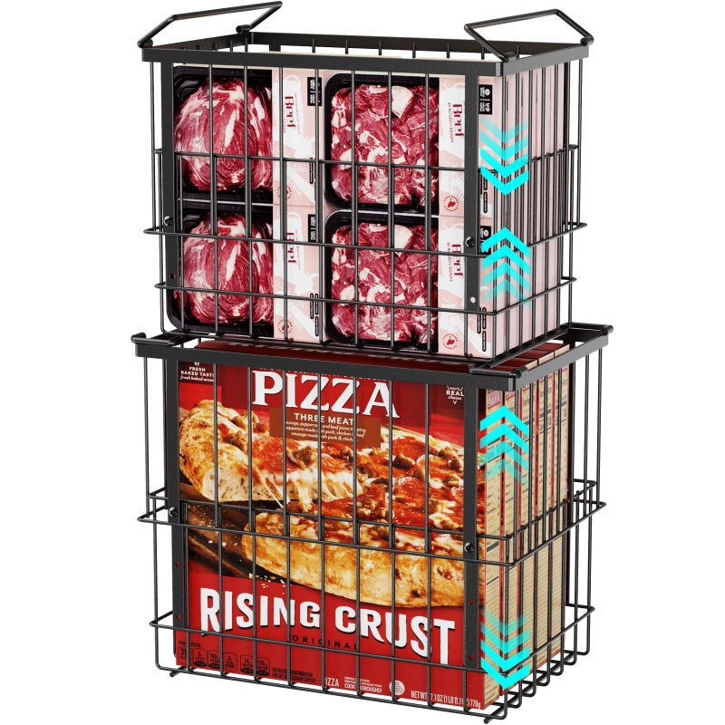 iSPECLE Freezer Organizer Bins, 2 Pack Fits 12" Pizza Adjustable for 5 to 7 Cu.Ft Chest Freezer, Stackable Wire Baskets with Handles, Heavy Duty Storage for Bulk Meat & Frozen Food, Black - Image 1