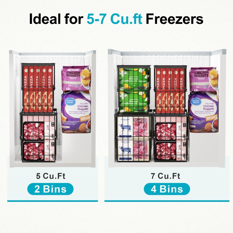 iSPECLE Freezer Organizer Bins, 2 Pack Fits 12" Pizza Adjustable for 5 to 7 Cu.Ft Chest Freezer, Stackable Wire Baskets with Handles, Heavy Duty Storage for Bulk Meat & Frozen Food, Black - Image 2