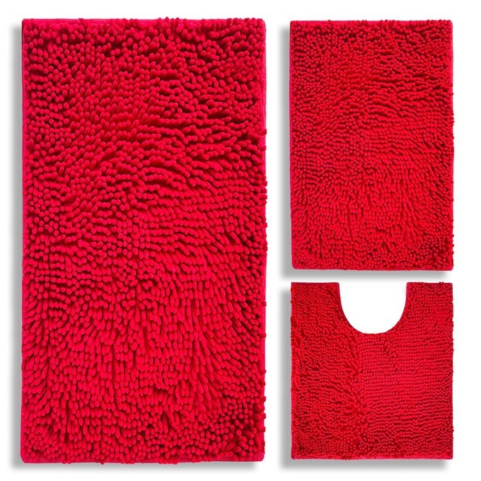 BATHROOM RUGS CHENILLE 3PIECE EXTRA SOFT AND ABSORBENT SHAG BATHROOM RUGS MACHINE WASH MAT STRONG PVC NONSLIP UNDERSIDE PLUSH CARPET MATS RED
