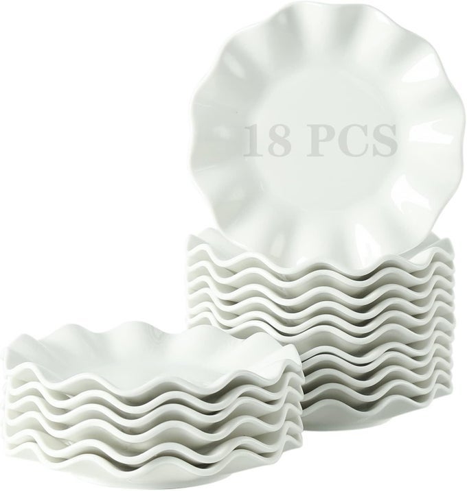6 INCH PORCELAIN APPETIZER PLATES SET OF 18 SMALL DINNER PLATES DESSERT SALAD PLATES WHITE WAVE RIM SERVING DISHES FOR CAKE SNACK ICE CREAM WAFFLES MICROWAVE OVEN AND DISHWASHER SAFE