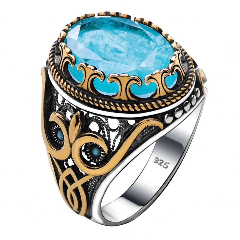 Genuine Solid 925 Sterling Silver Accented with Bronze Faceted Simulated Frosted Aquamarine Stone Authentic Vintage Turkish Ottoman Style Ring for Men Simulated Frosted Aquamarine 8