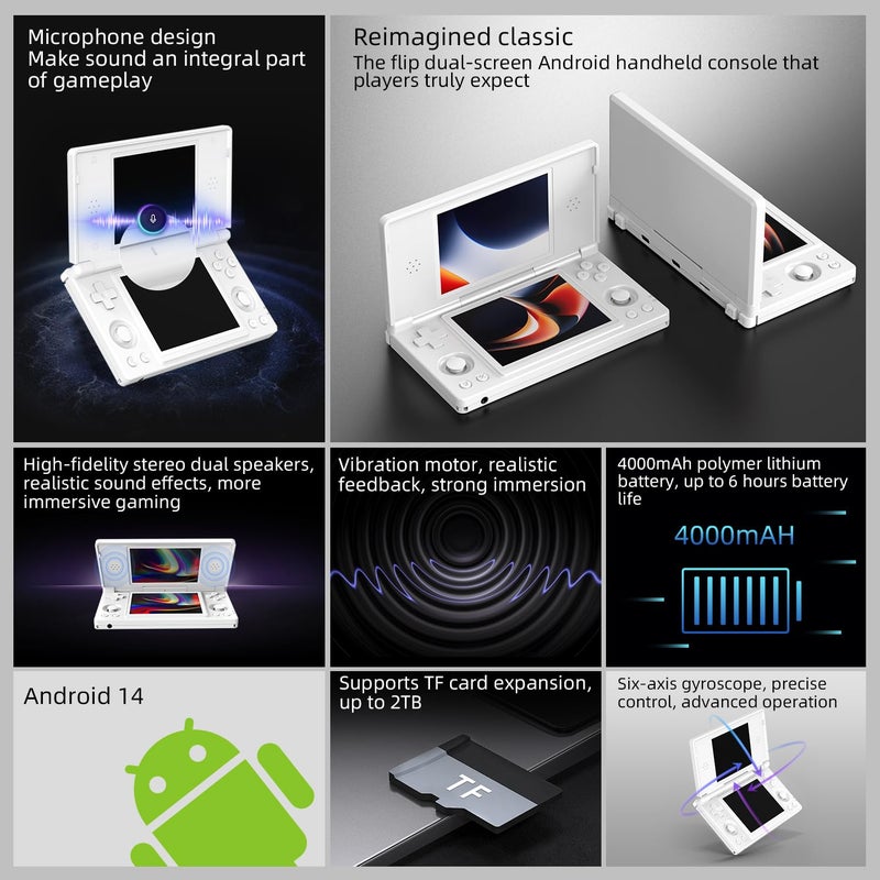 GiipGoop RG DS Handheld Game Consoles RG DS Retro Gaming Console Dual-screen Video Game Console 3+32GB Android 14 Portable Pocket Arcade 4000mAh Battery WiFi Bluetooth HD Output Polar White - Image 5