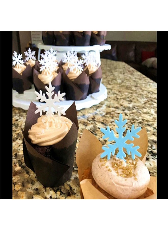 Homankit 50Pcs Edible Cake Cupcake Toppers Snowflakes Christmas Winter Party Decoration White and Blue - Image 2