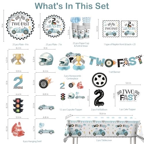 Xynic 187Pcs Two Fast Birthday Decor Tableware Set Serve 25 Guests 2 Fast Birthday Decorations Includes Banner Plates Tablecloth Cups Balloons Cake Topper - Image 5