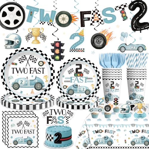 Xynic 187Pcs Two Fast Birthday Decor Tableware Set Serve 25 Guests 2 Fast Birthday Decorations Includes Banner Plates Tablecloth Cups Balloons Cake Topper - Image 1